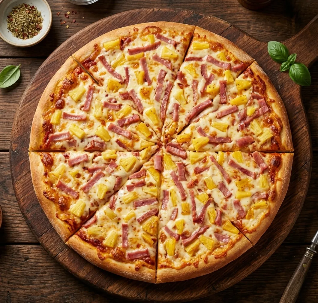 Tropical Hawaiian pizza with ham and pineapple at Jambo Pizza, Winnipeg