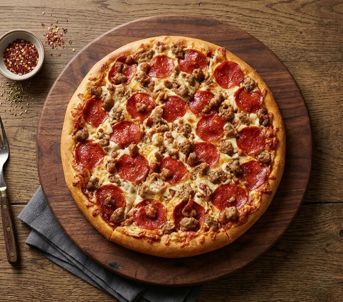 Meat Lovers pizza with pepperoni and seasoned beef at Jambo Pizza, Sargent Ave, Winnipeg