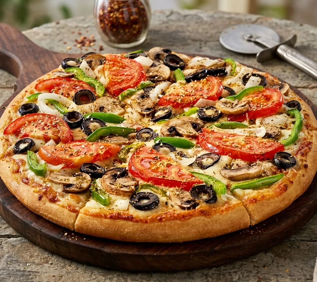 Veggie Lovers pizza with peppers mushrooms and olives at Jambo Pizza Winnipeg